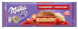 Шоколад, Milka (Милка) 300 г молочный с начинкой со вкусом чизкейка клубничной начинкой и печеньем